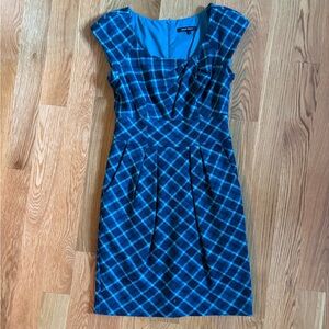 Nanette Lepore Blue Plaid Cap-Sleeve Midi Dress